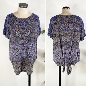 Lucky Brand Split Tie Back Tee T Shirt 2X Blue Paisley Short Sleeve 7Q83037